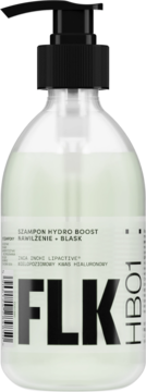 FLK Hydro Boost szampon nawilżający w klarownej butelce z czarną pompką, widok z przodu. Napis FLK HB01.