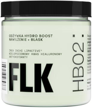 Odżywka FLK Hydro Boost w miętowym słoiku z czarną nakrętką, nawilżenie i blask, widok z przodu.
