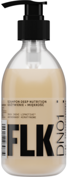 FLK DN01 Szampon Deep Nutrition, odżywienie i miękkość, w przezroczystej butelce z czarną pompką, widok z przodu.