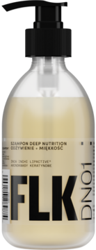Szampon FLK Deep Nutrition w przezroczystej butelce z beżowym płynem, czarną pompką, widok z przodu. Odżywienie i miękkość.