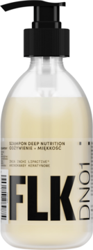 FLK Deep Nutrition szampon do włosów, przezroczysta butelka z czarną pompką, widok z przodu, głębokie odżywienie.