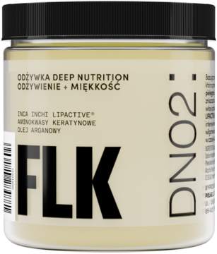 FLK DNO2 odżywka Deep Nutrition w beżowym słoiczku z czarną nakrętką, widok z przodu. Do włosów suchych.
