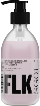 Butelka szamponu FLK Smooth Gloss o efekcie prostowania i wygładzania. Przezroczysta, z czarną pompką i różowym płynem. Widok przód.