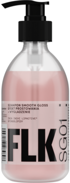 Szampon FLK Smooth Gloss, efekt prostowania, w przezroczystej butelce z różowym płynem i czarną pompką, z przodu.