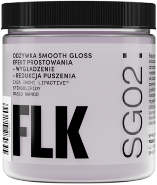 Fioletowa odżywka FLK Smooth Gloss w słoiku z czarną nakrętką, widok z przodu. Redukuje puszenie, wygładza włosy.