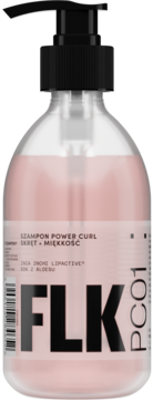 Szampon FLK Power Curl do loków i miękkości, w przezroczystej butelce z różowym płynem i czarną pompką, przodem.