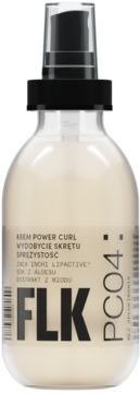 Krem do loków FLK Power Curl z pompką, wzmacniający skręt, w przezroczystej butelce z czarną nakrętką.