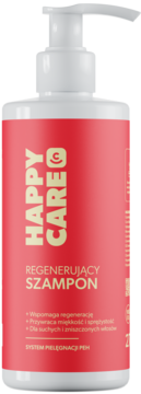 Biała butelka szamponu Happy Care z pompką, czerwona etykieta, napis: Regenerujący Szampon, widok z przodu.