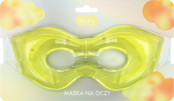 Żółta żelowa maska na oczy w przezroczystym opakowaniu, z napisem Maska na oczy, na pomarańczowym tle.