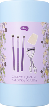 Zestaw eloy: 3 fioletowe pędzle, srebrna zalotka i beżowa gąbka do makijażu, w jasnoniebieskim pudełku.