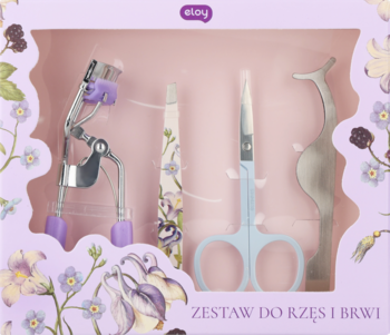 Zestaw do rzęs i brwi Eloy w różowym pudełku z fioletowymi kwiatami: zalotka, pęseta, nożyczki, aplikator.