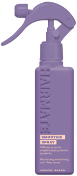 HAIRMATE Smoothie Spray w fioletowej butelce z atomizerem, wygładzająca mgiełka do włosów, widok z przodu.