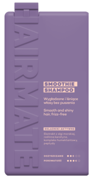 Fioletowy szampon Hairmate Smoothie Shampoo na puszące się włosy z peptydami i keratyną, widok z przodu.