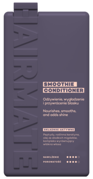 Ciemnofioletowa butelka Hairmate Smoothie Conditioner, widok z przodu. Peptydy, keratyna, wygładzenie i blask włosów.