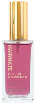 Front szklanej butelki HAIRMATE SHIMMER PERFUME MIST, różowa mgiełka waniliowo-piżmowa z złotą pompką.