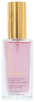Różowa mgiełka Hairmate Unicorn Perfume Mist w przezroczystej butelce ze złotą nakrętką, widok z przodu.