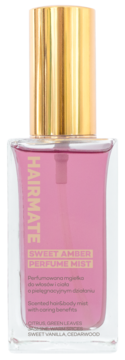 Hairmate Sweet Amber Perfume Mist, mgiełka do włosów i ciała. Różowy płyn w przezroczystej butelce ze złotą nakrętką, widok z przodu.