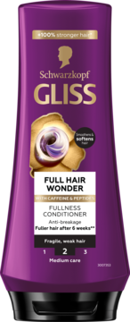Fioletowa, profilowana butelka Schwarzkopf Gliss Fullness Conditioner z kofeiną i peptydami, widok z przodu.