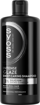 Czarna butelka szamponu Syoss Intense Glaze Deep Caring do włosów matowych z 3% kompleksem nabłyszczającym, widok z przodu.