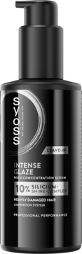 Syoss Intense Glaze serum do włosów zniszczonych. Czarna butelka z pompką, widok z przodu, 10% kompleks nabłyszczający.