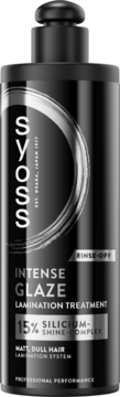 Czarne, pionowe opakowanie Syoss Intense Glaze Kuracja do Laminacji. Widok z przodu, z pompką, napis 15% Silicium-Shine-Complex.