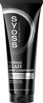 Czarna tubka Syoss Intense Glaze Deep Conditioner z 9% Silicium-Shine-Complex, do matowych włosów, widok z przodu.