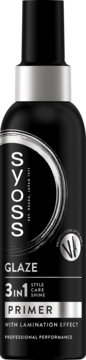 Syoss Glaze 3in1 Primer, czarna butelka wygładzającej bazy do włosów z efektem laminacji, widok z przodu.