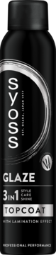 Syoss Glaze 3in1 Topcoat spray do włosów, czarna butelka z srebrnym logo i efektem laminacji, widok z przodu.