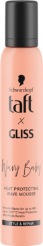 Schwarzkopf taft x GLISS Wavy Baby Heat Protecting Wave Mousse, brzoskwiniowa butelka, widok z przodu.