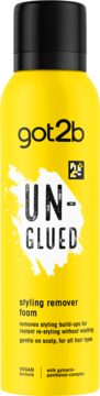 Żółta pianka got2b UN-GLUED do usuwania stylizacji, wegańska, z gliceryną i pantenolem, widok z przodu.