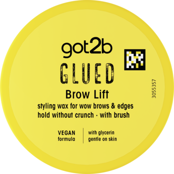 Żółty, okrągły wosk got2b GLUED Brow Lift do brwi i baby hair, z góry. Formuła wegańska z gliceryną.