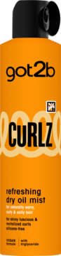 Pomarańczowa butelka got2b CURLZ dry oil mist, odświeżająca mgiełka do włosów kręconych, z triglicerydem.