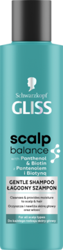 Gliss Scalp Balance łagodny szampon, z Panthenolem i Biotiną, turkusowa butelka, widok z przodu.