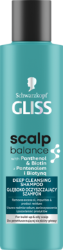 Turkusowy szampon Gliss Scalp Balance głęboko oczyszczający z Panthenolem i Biotyną, widok z przodu.