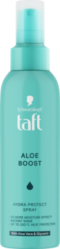 Turkusowy spray Schwarzkopf Taft Aloe Boost Hydra Protect z aloesem i gliceryną. Widok z przodu, ochrona do 230C.