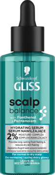 Serum Gliss Scalp Balance z pantenolem i 2% kompleksem, turkusowa butelka z pipetą, do suchej skóry głowy, przód.