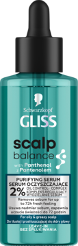 Gliss Scalp Balance oczyszczające serum z Pantenolem do skóry głowy, w turkusowej butelce z zakraplaczem.