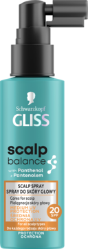 Schwarzkopf Gliss Scalp Balance spray do skóry głowy z Panthenolem i SPF 20, turkusowa butelka z pompką.