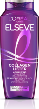 Fioletowy szampon L'Oréal Elseve Collagen Lifter do włosów cienkich, zwiększający objętość, widok z przodu.