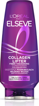 Fioletowa butelka odżywki L'Oréal Elseve Collagen Lifter pogrubiająca włókna, do włosów cienkich, widok z przodu.