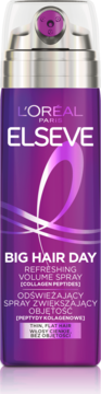 Fioletowy spray L'Oréal Elseve Big Hair Day zwiększający objętość dla cienkich włosów, widok z przodu.