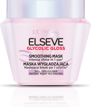 Maska wygładzająca L'Oreal Elseve Glycolic Gloss do włosów, jasnoróżowy słoik z kwasem glikolowym dla blasku, widok z przodu.