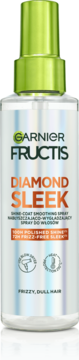 Garnier Fructis Diamond Sleek wygładzający spray do włosów z keratyną, arganem, zielona nakrętka, widok z przodu.