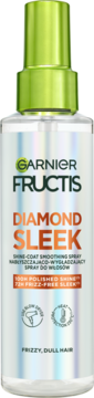 Garnier Fructis Diamond Sleek nabłyszczająco-wygładzający spray w przezroczystej butelce z zieloną pompką, przód.