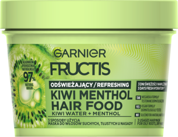 Garnier Fructis Kiwi Menthol Hair Food, odświeżająca maska do włosów, zielony słoik z grafiką kiwi.