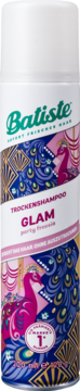 Batiste suchy szampon Glam Party Freesia, biała puszka z różowymi pawiami i złotymi wzorami, widok z przodu.