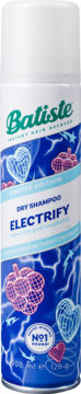 Batiste Electrify Limited Edition dry shampoo spray, blue can with pink & light blue berries, white lightning details.