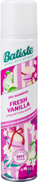 Batiste Dry Shampoo Fresh Vanilla w różowo-białej butelce z ilustracjami gruszek, makaroników i kwiatów, widok z przodu.