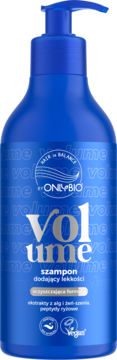 Niebieska butelka szamponu OnlyBio Volume z pompką. Front etykiety z napisem 'Volume' i logo OnlyBio, Vegan.