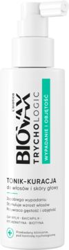 Biovax Trychologic Tonik-Kuracja na wypadanie włosów, biała butelka z pompką i zielonym detalem, z przodu.